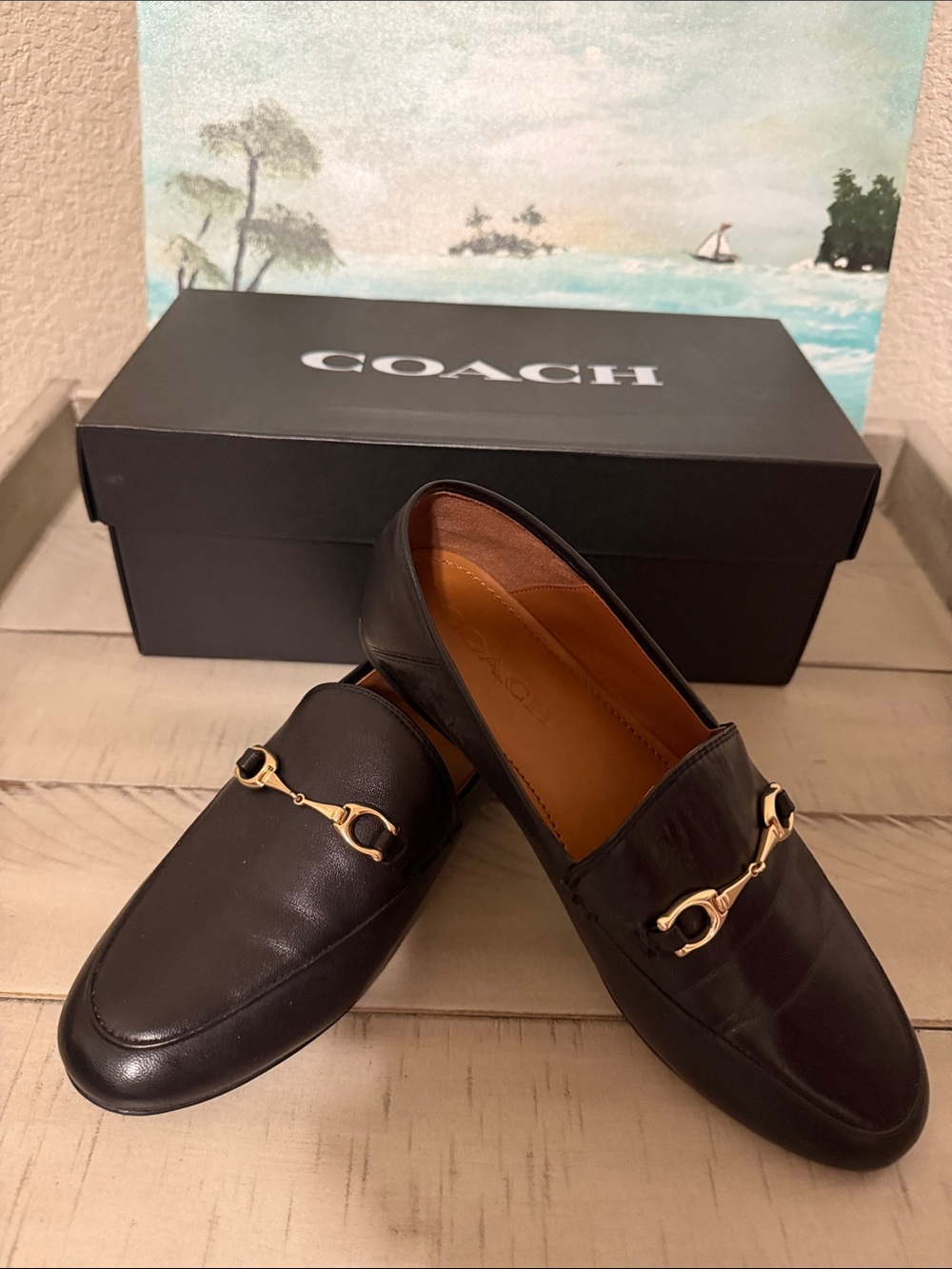 Coach Black Leather Loafers with Gold Horsebit
